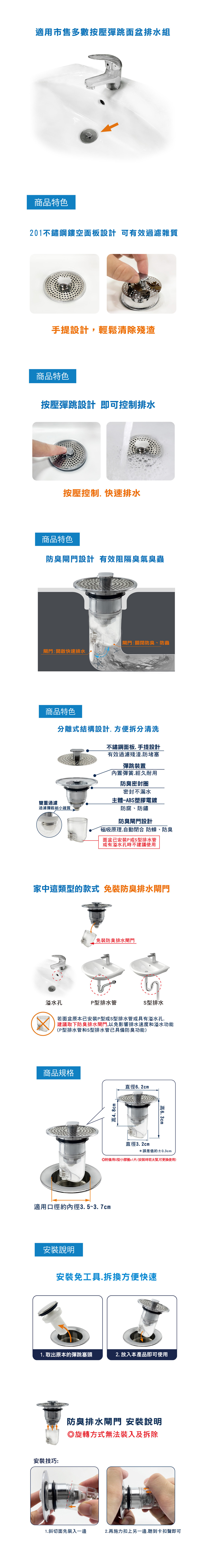 面盆按壓式毛髮阻隔濾網組