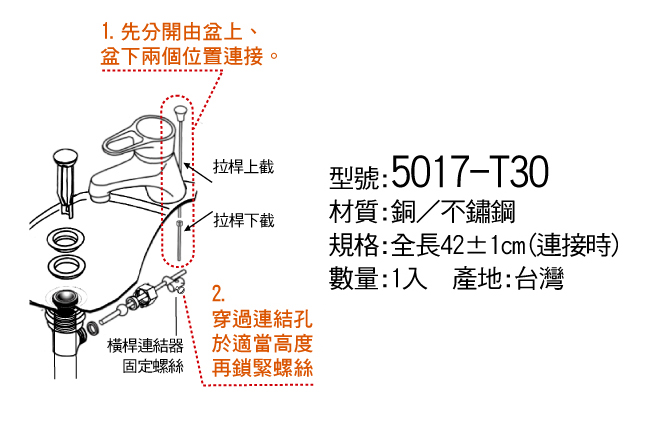 面盆二截式排水拉桿